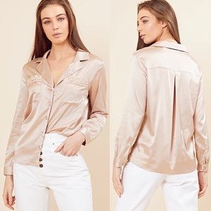 Neon Rose Vintage Satin Blouse with Crochet Trim Cream